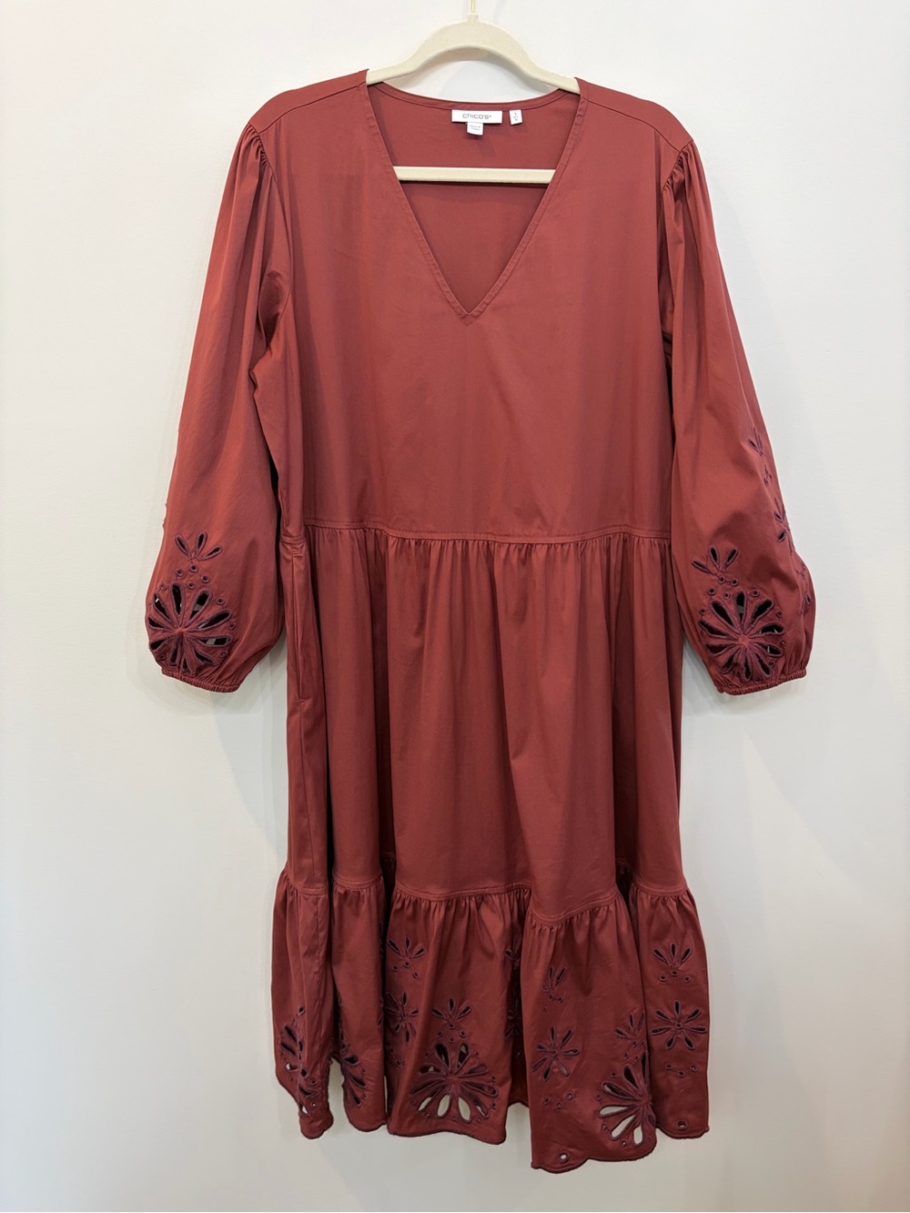 Chicos Cotton Poplin Eyelet Midi Long Sleeve V-Neck Dress Rust Brown Size 3 /16